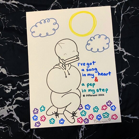 Original PEP IN MY STEP cute happy skull inspirational quote poster drawing - Picture 2 of 2